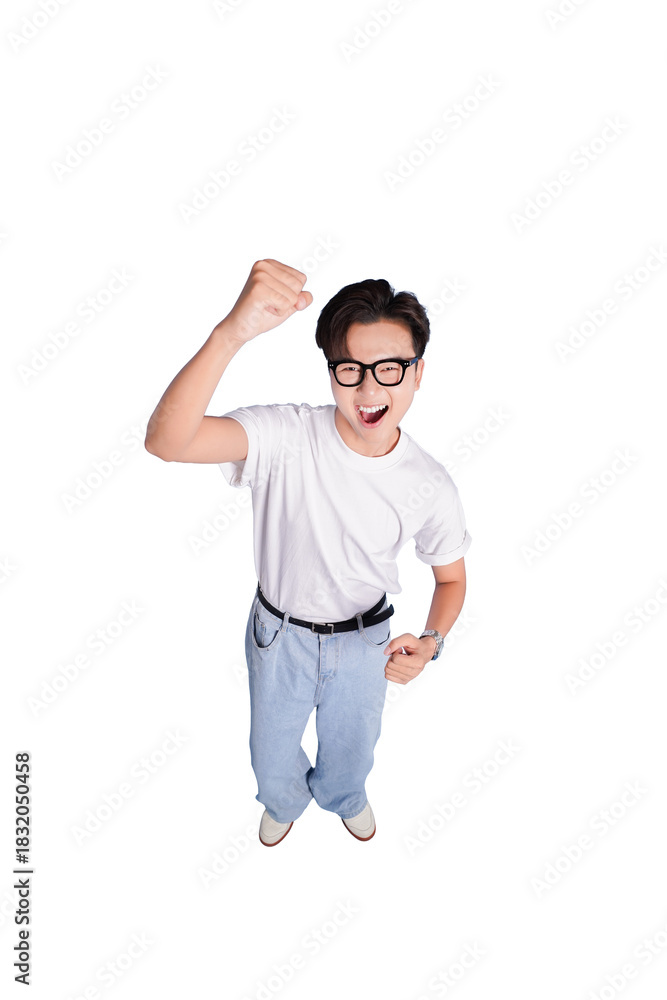 Fototapeta premium Ecstatic Moment of Triumph: An enthusiastic individual, filled with joy and excitement, celebrates a moment of success and accomplishment.