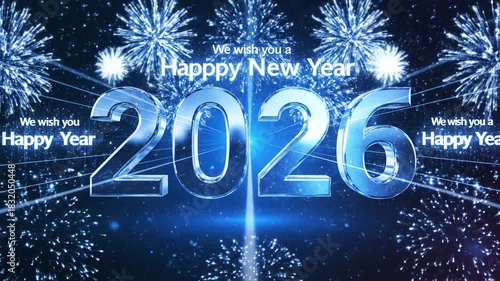 Futuristic blue glowing 3d text 2026 with light beams and stars wishing a happy new year celebration concept