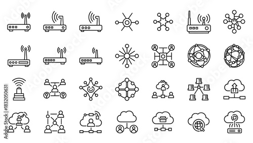 Modern Networking and Wireless Technology Line Icons Collection. Essential vector symbols for internet connectivity, cloud computing, data sharing, and digital communication