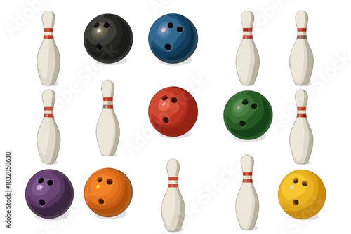 Variety of colorful bowling balls and pins arranged on a white background for a fun game of bowling