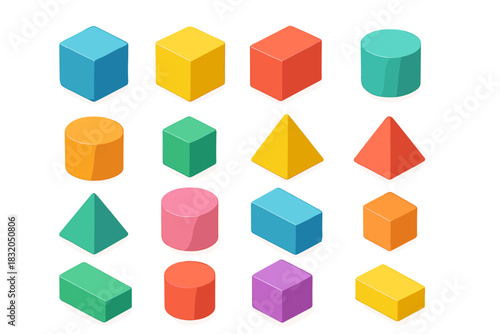 Colorful geometric shapes arranged in a neat grid for educational play and learning purposes