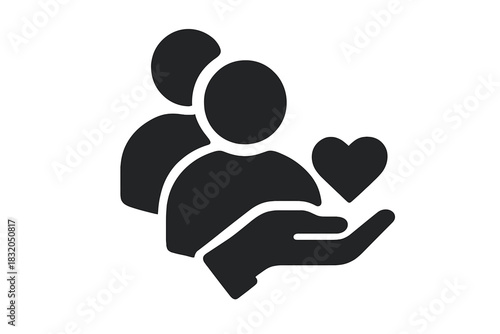 Two figures and a hand with heart symbolizing care and connection in a simple design