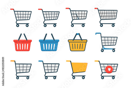 Variety of shopping carts and baskets in different colors and designs arranged in a grid layout for shopping experience representation