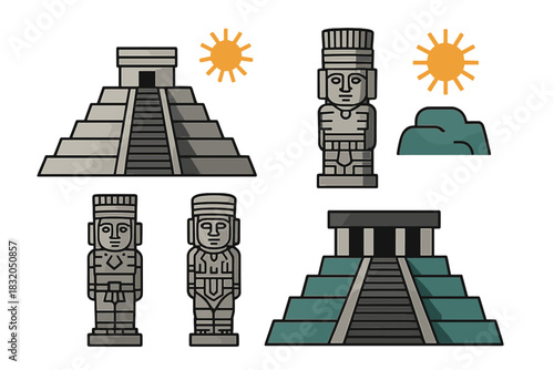 Ancient structures and statues depicting a rich cultural heritage with sun symbols