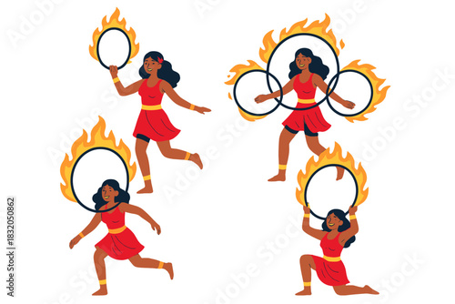Woman performing fire hula hoop tricks during a lively outdoor festival in a vibrant, colorful setting