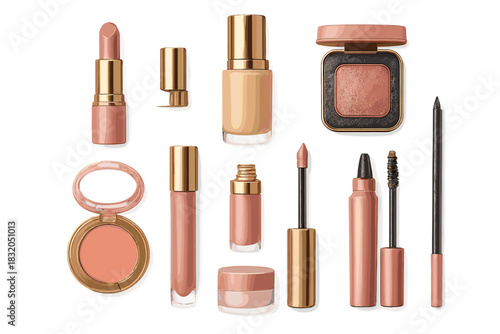 Different makeup products arranged neatly on a light background showcasing diverse shades and textures