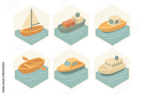 Various types of boats floating on calm water in a serene environment showcasing different designs and purposes
