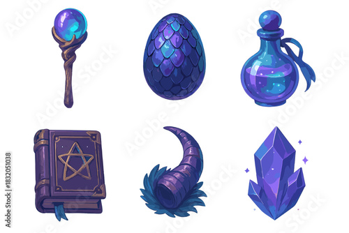 Colorful magical artifacts including a staff, potion, egg, book, horn, and crystal displayed on a white background
