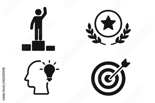 Symbols of achievement, knowledge, and success represented through icons and design elements in black and white
