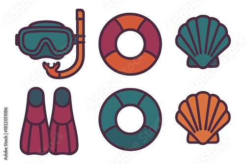 Colorful snorkeling equipment and beach accessories suitable for water sports and ocean fun during summer activities