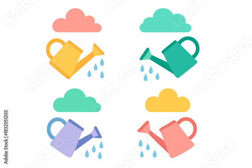 Colorful watering cans with raindrops and clouds create a cheerful garden theme
