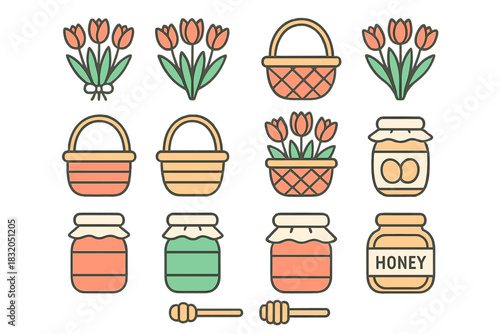 Colorful spring illustrations of tulips, baskets, and honey jars for seasonal decoration and crafts