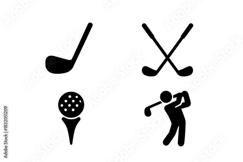 Golf equipment and golfer silhouette showing the sport's essential elements and actions in a simple design