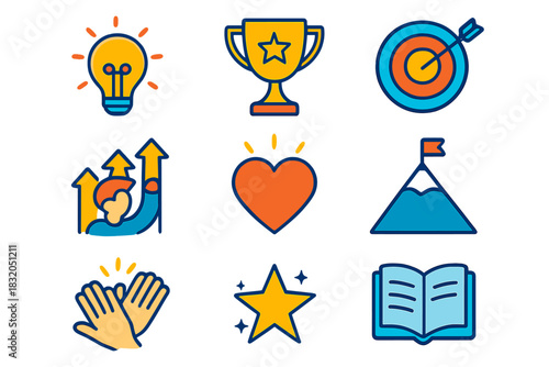 Creative icons representing achievement and motivation with symbols of success, love, and growth in bright colors