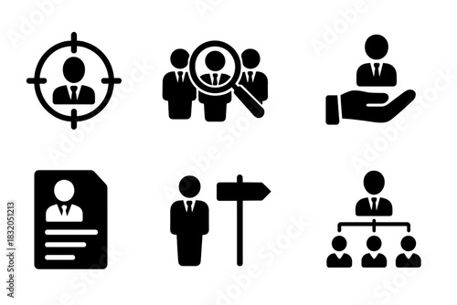 Icons representing recruitment process, job search, and hiring techniques with silhouettes of business professionals