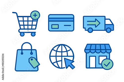 Shopping cart, credit card, delivery truck, shopping bag, globe, and store icons in a flat design for online shopping concepts