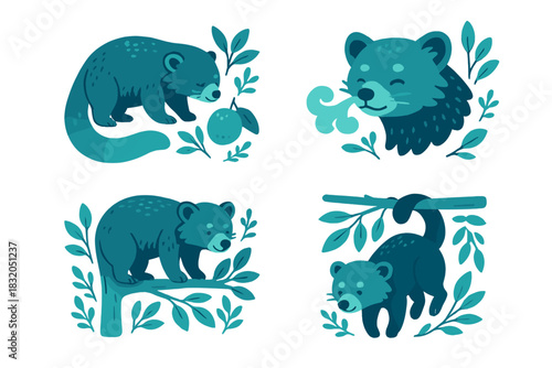 Cute animal illustrations featuring playful marsupials among leaves in a blue-green color palette