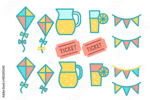 Festive outdoor event featuring colorful kites, refreshing drinks, and playful decorations for a joyful celebration