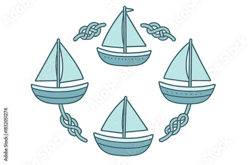 Decorative design featuring four sailboats with nautical knots in a circular pattern on a light background