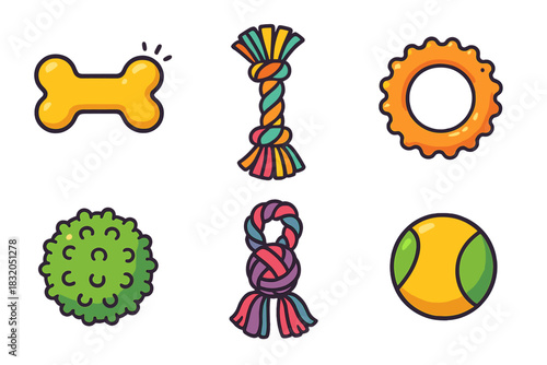Vibrant collection of dog toys featuring a bone, rope, squeaky ring, and balls in cheerful colors