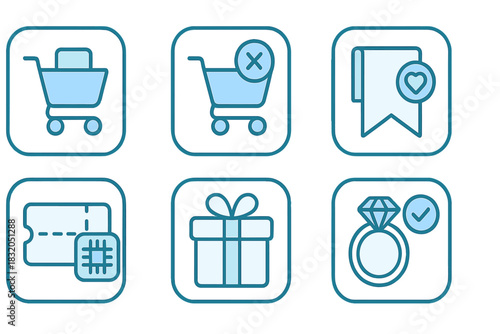 Icons representing shopping activities including cart, wishlist, ticket, gift, and engagement ring