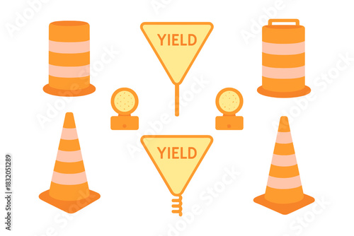 Various traffic cones and yield signs arranged in a simple pattern with bright colors