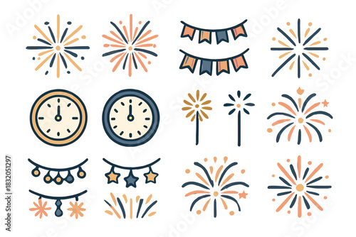 Decoration elements for celebrations with fireworks and clocks marking the countdown to midnight