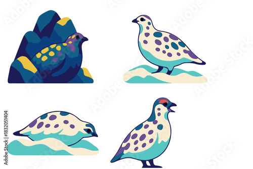 Colorful illustrations of birds in various poses against a simple background