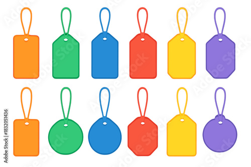 Colorful assortment of blank tags for labeling items in various situations and crafts displayed on a clean background