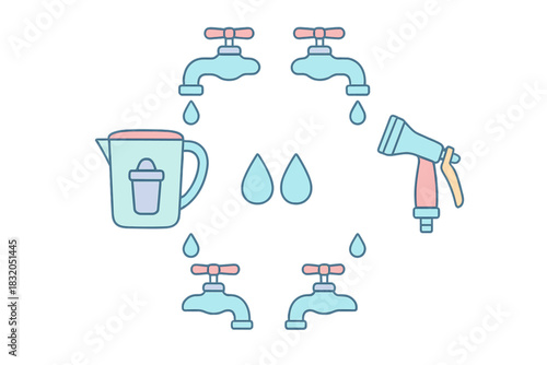 Illustration of water management tools with taps, pitcher, and spray nozzle in a circular layout