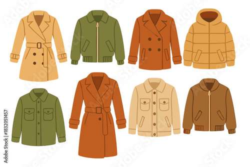 Collection of stylish winter jackets and coats in various colors and styles on a white background for cold weather outfits
