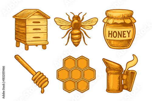 Honey bee products showcasing hive, bee, jar, honey dipper, honeycomb, and bee smoker in warm colors
