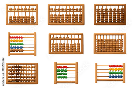 Different designs of wooden abacuses displayed in a grid format highlighting traditional counting tools