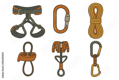 Climbing gear collection showcasing harnesses, carabiners, and ropes for outdoor adventures and safety