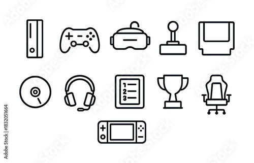 Gaming icons set: console, controller, vr, joystick, headset, trophy