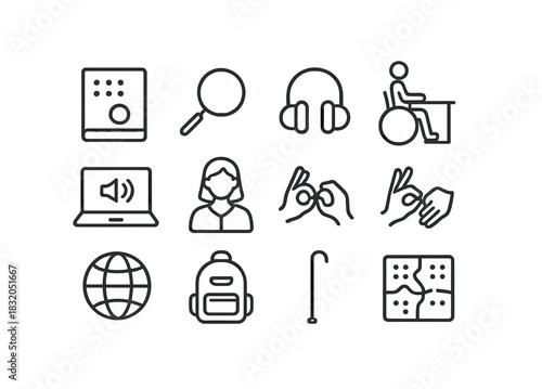 Accessibility icon set featuring tools for audio, visual, and mobility assistance