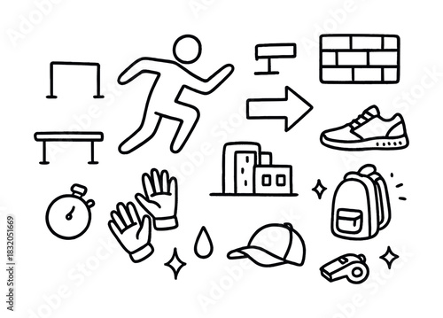 Urban parkour elements: sneakers, stopwatch, buildings, backpack, gloves, cap