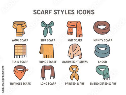 Scarf styles icons: wool, silk, knit, infinity, plaid, fringe, shawl, snood, triangle, long, printed, embroidered