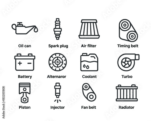 Essential car engine parts icons: oil can, spark plug, air filter, and more