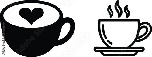 Coffee cup icons with heart latte art and hot steam designs
