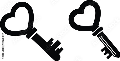 Heart shaped keys symbols of love and romance isolated black and white