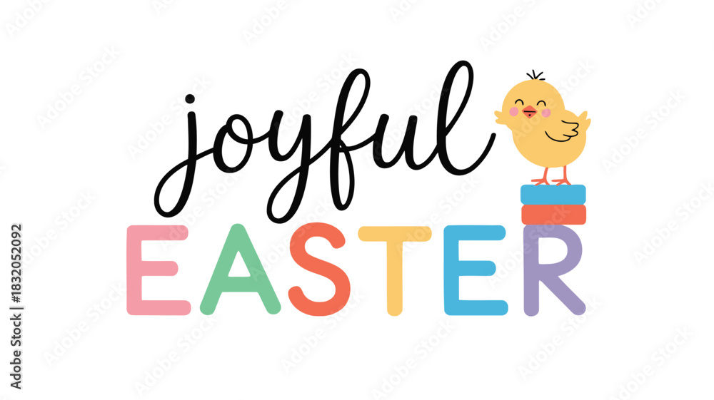 Fototapeta premium Cute little yellow chick sitting on colorful books with joyful easter text
