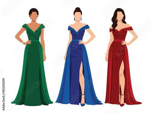 Flat vector set of glamorous confident women wearing elegant gowns and heels, perfect for luxury lifestyle visuals and high-fashion branding