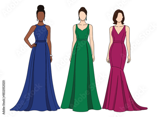 Flat vector set of glamorous confident women wearing elegant gowns and heels, perfect for luxury lifestyle visuals and high-fashion branding