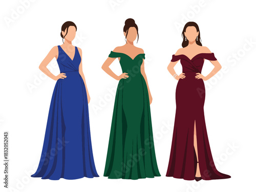 Flat vector set of glamorous confident women wearing elegant gowns and heels, perfect for luxury lifestyle visuals and high-fashion branding