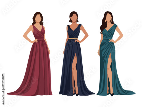 Flat vector set of glamorous confident women wearing elegant gowns and heels, perfect for luxury lifestyle visuals and high-fashion branding