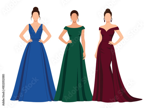 Flat vector set of glamorous confident women wearing elegant gowns and heels, perfect for luxury lifestyle visuals and high-fashion branding