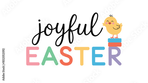 Cute little yellow chick sitting on colorful books with joyful easter text