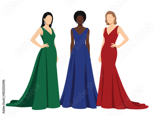 Flat vector set of glamorous confident women wearing elegant gowns and heels, perfect for luxury lifestyle visuals and high-fashion branding