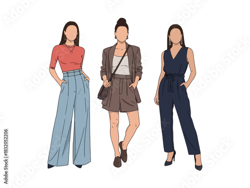 Flat vector set of stylish women in casual chic outfits with confident attitudes, ideal for modern lifestyle themes and fashion-oriented visuals